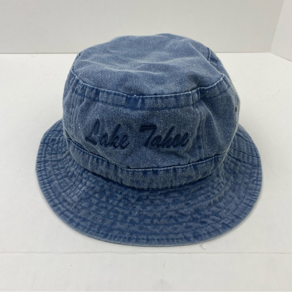 Vintage Lake Tahoe Bucket Hat Blue Jean Denim Cotton Embroidery Souvenir Outdoor